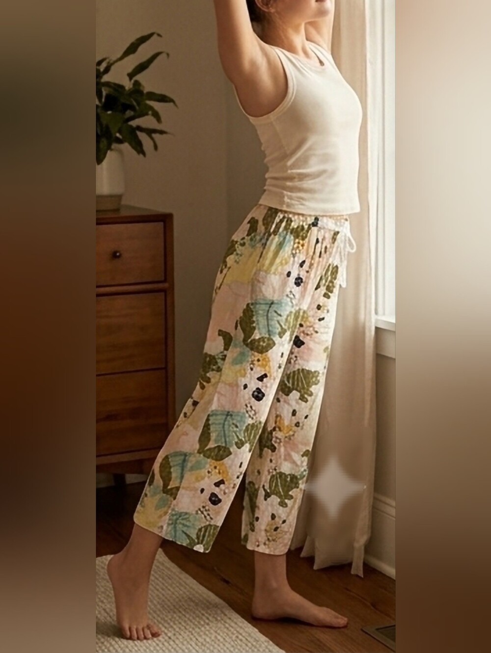 LOFT 100% Rayon Cream Floral-Print Wide-LegSleepwear Pants Relaxed Fit Small
